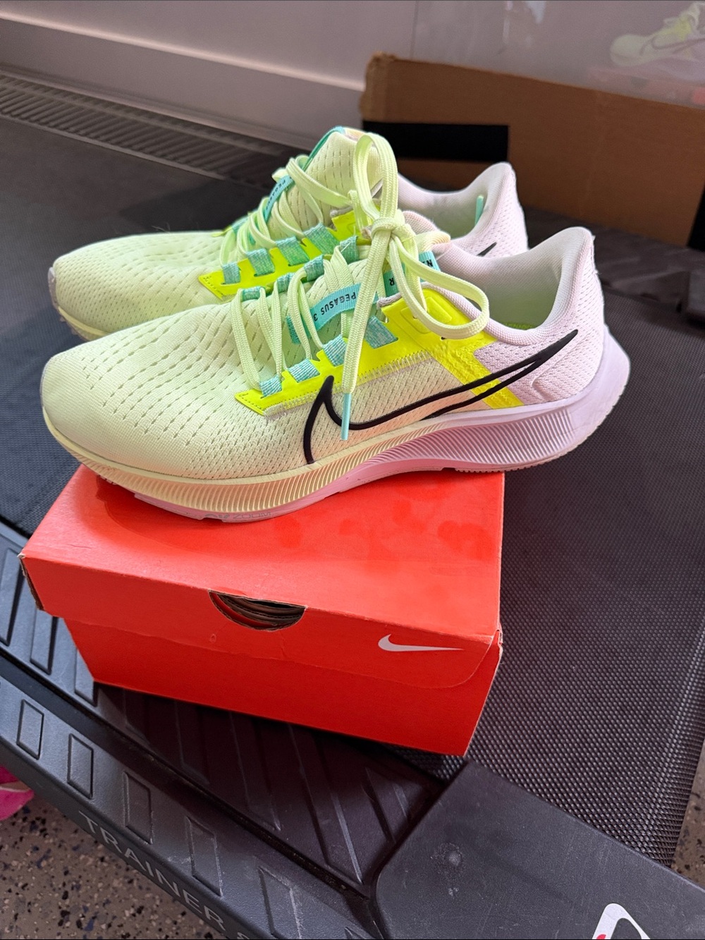 Nike Running Shoes - White with Neon Yellow & Black Swoosh size 8 1/2 women’s